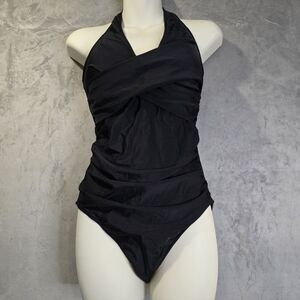 One Piece‎ Swimsuit Size Medium Black Halter Top Crisscross Front High Back